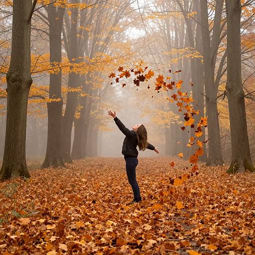 Photograph of a blonde woman in a black jacket and blue jeans, standing in a foggy autumn forest, arms outstretched, catching falling orange