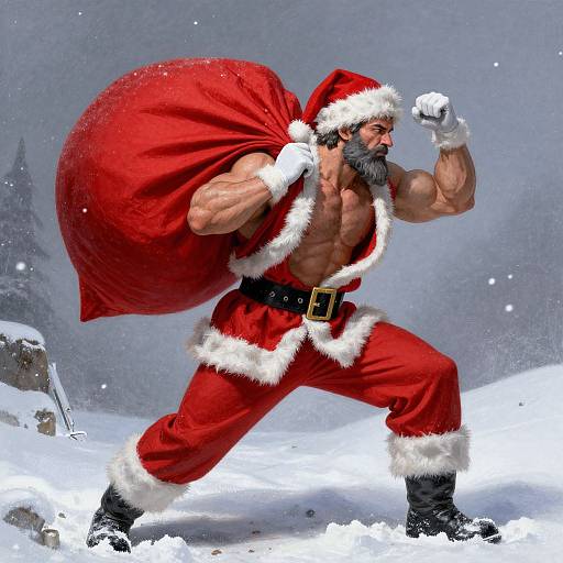 Muscular Santa Claus with a beard, wearing red and white outfit, carries a large red sack, strides through snowy landscape. Digital art.