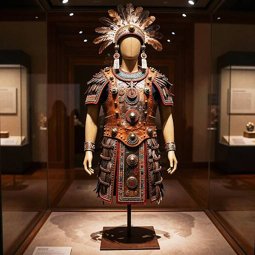 Photograph of a mannequin displaying an intricately adorned Native American warrior outfit with colorful beadwork, feathers, and jewelry, illuminated in a museum