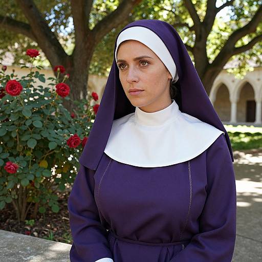 Photograph of a solemn-faced nun with fair skin, brown eyes, and dark hair, wearing a black and white habit, standing in a sunlit