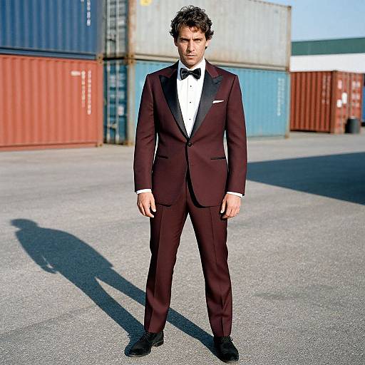 Photograph of a handsome man with curly brown hair, wearing a dark burgundy tuxedo, black bow tie, and white shirt, standing in