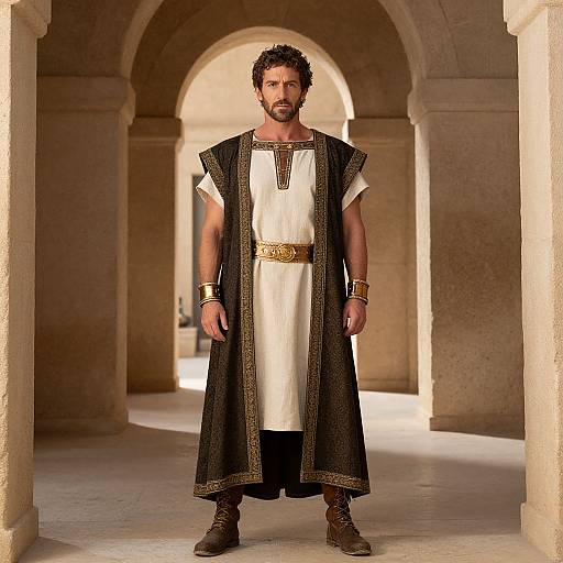 Photorealistic CGI of a muscular, bearded man with curly brown hair, wearing ancient Roman-style attire, standing in a sunlit, arched