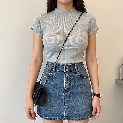 Photograph of a woman with long dark hair, wearing a light gray ribbed t-shirt, high-waisted blue denim skirt with buttons, black