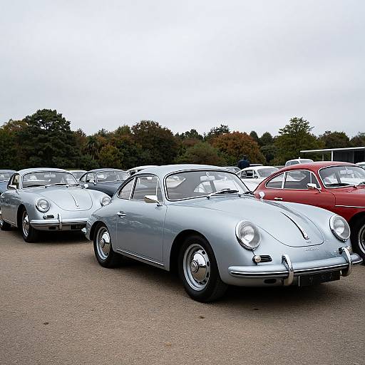 Photograph of a row of vintage silver Porsche 911s with one red car, parked on a gravel lot with trees in the background.