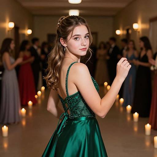 Photograph of a young woman in a green, backless satin gown with lace detailing, standing in a dimly lit ballroom with lit candles and