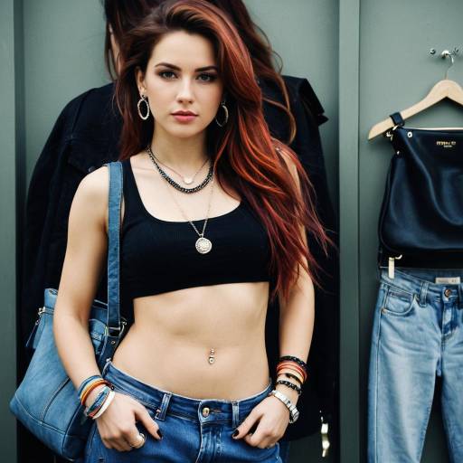 Fashionable Young Woman with Navel Piercing and Denim Outfit