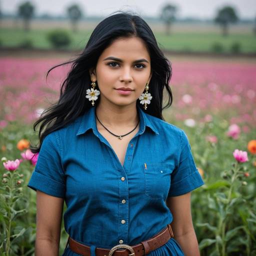Young Woman in Blue Shirt Standing in Flower Field