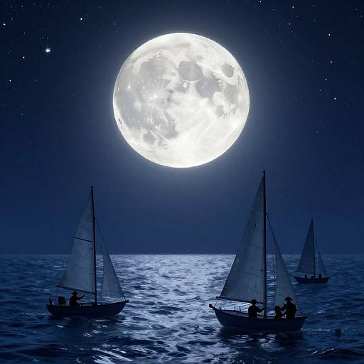 Photograph of a moonlit ocean with three sailboats, a bright full moon glowing in the starry night sky, and silhouetted sailors