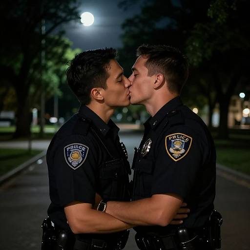 Photograph of two male police officers, kissing passionately under a moonlit night sky, in a dark, tree-lined park, wearing black uniforms with department
