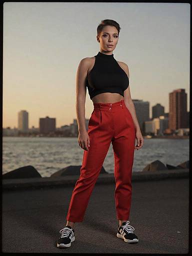 Photograph of a confident, athletic woman with short hair, wearing a black sleeveless crop top, red high-waisted pants, and black sneakers