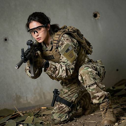 Photograph of a focused, dark-haired woman in camouflage military gear, crouching with rifle, aiming in a damaged, grey-walled room.