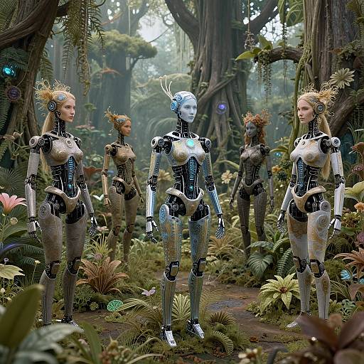 Photorealistic CGI: Four futuristic, humanoid robots with metallic bodies and organic accents stand in a lush, misty forest, surrounded by exotic plants and