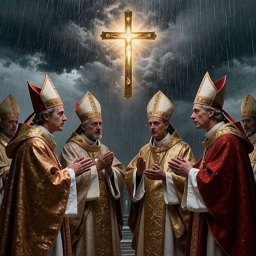 Photograph of seven male Catholic priests in gold and red vestments, hands clasped, under a glowing cross in rainstorm.