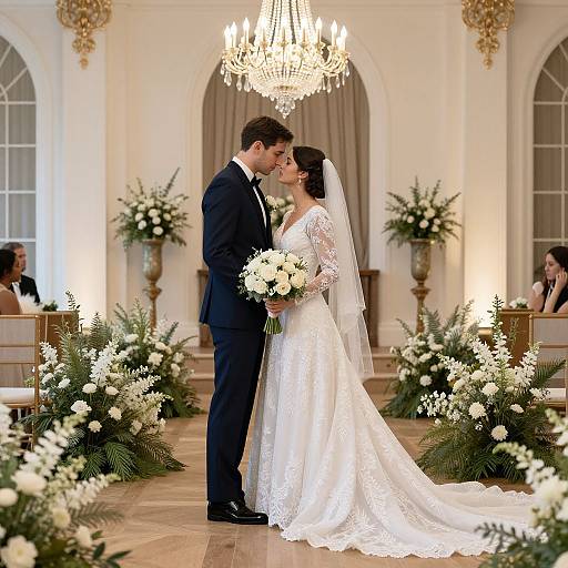 Photograph of a bride and groom sharing a kiss in an elegant, chandelier-lit wedding ceremony with white and green floral arrangements.