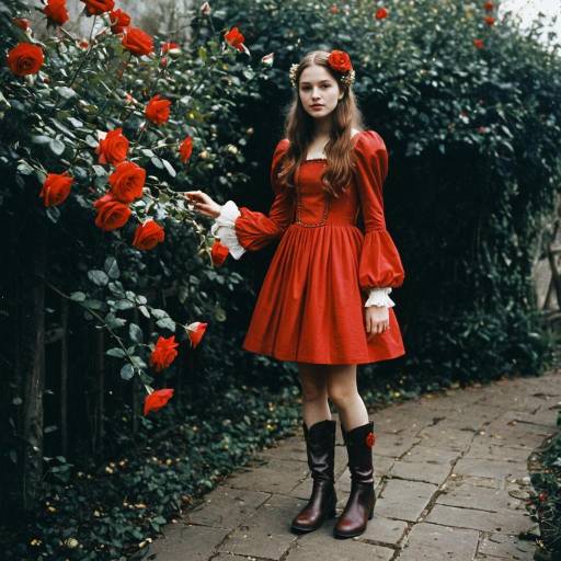 Young woman in red dress with roses