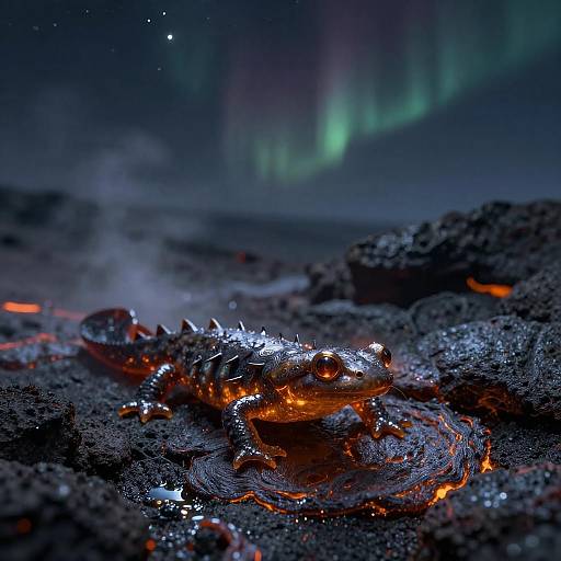 Photograph of a glowing, spiky lava frog on dark, molten rock under a vibrant aurora borealis sky, with steam rising and colorful