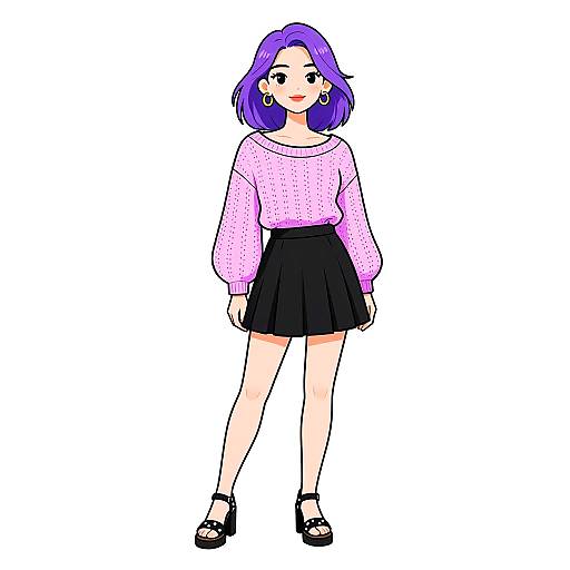 Digital anime-style drawing of a young woman with purple hair, pink polka-dot sweater, black skirt, and black sandals, standing against a white background