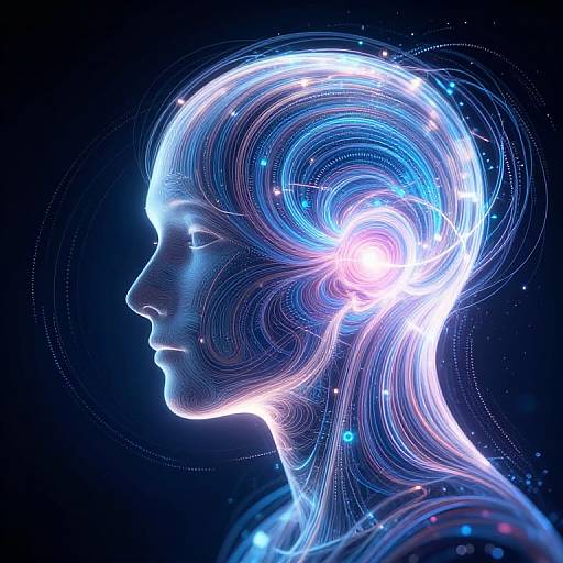 Digital art of a glowing, blue and white, neon-lit female profile with intricate, circular light patterns on her head against a dark background.