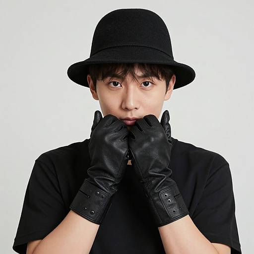 Photograph of a young Asian man with wide eyes, wearing a black hat, black shirt, and black leather gloves, covering his mouth with his hands