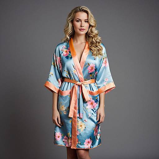 Blonde Woman in Floral Silk Robe