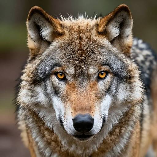 Close-up photograph of a gray wolf with intense orange eyes, detailed brown and gray fur, and a focused expression, set against a blurred forest background.