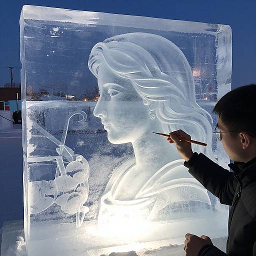 Photograph of an artist carving a glowing, detailed ice sculpture of a woman with flowing hair, holding a bird, against a nighttime urban backdrop.