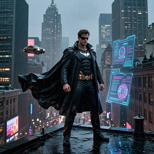 Photorealistic CGI of Batman in black suit and cape, standing on rooftop in rainy, neon-lit cityscape with hovering drone.