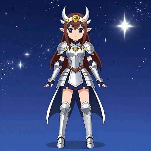 Digital anime-style drawing of a brown-haired, elf-like girl with horns, wearing silver armor, blue skirt, and cape, standing against a starry