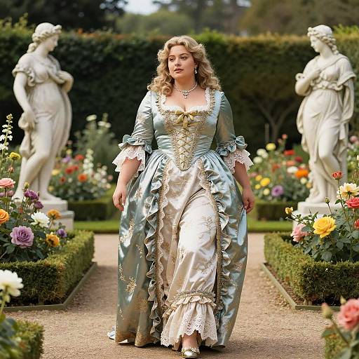 Photograph of a curvy, blonde woman in a luxurious, pale blue and silver Renaissance-style gown, walking through a vibrant garden with two white statues