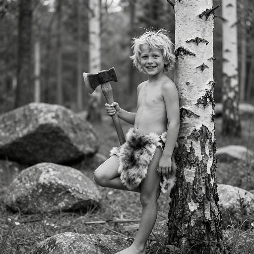 Boy in Fur Loincloth with Axe in Forest