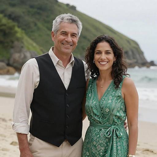 Smiling Couple on Beach with Green Hill Background