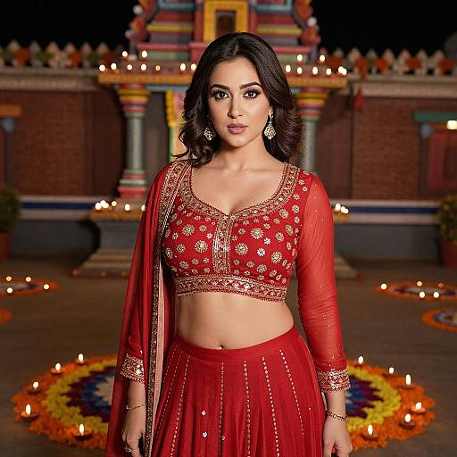 Photograph of a beautiful Indian woman with medium skin tone, black wavy hair, wearing a red traditional lehenga and crop top adorned with gold embroidery