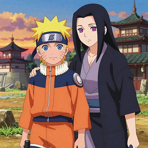 Digital anime-style drawing of Naruto with spiky blonde hair and orange outfit, standing beside Hinata with black hair and dark kimono, in front of