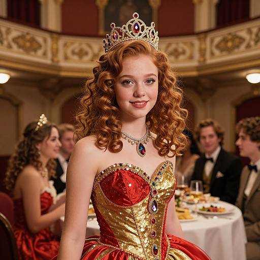 Photograph of a fair-skinned, red-haired woman in a golden and red, strapless, gem-embellished ball gown with a jew