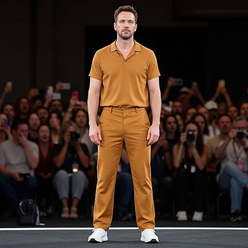 Photograph of a bearded man with short dark hair, wearing an orange polo shirt and pants, white shoes, standing confidently on a runway in front