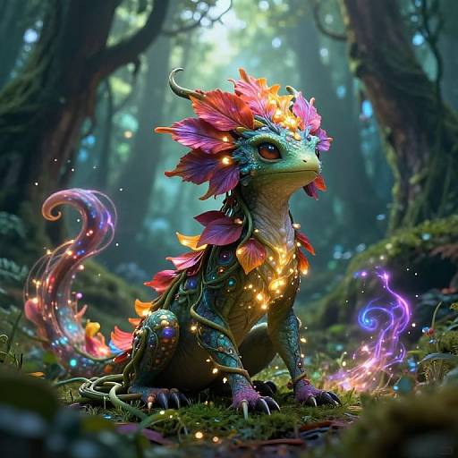 Digital artwork of a vibrant, fantasy dragon-like creature with colorful feathers, glowing lights, and a mystical forest backdrop. Illuminated by ethereal lights,
