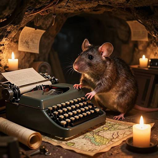 Photograph of a brown mouse typing on an antique black typewriter, surrounded by candles, maps, and parchment papers in a dimly lit, cave