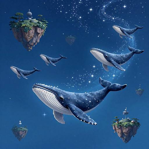 Fantastical illustration of blue whales swimming around floating islands with trees and tiny buildings in a starry, deep blue ocean.
