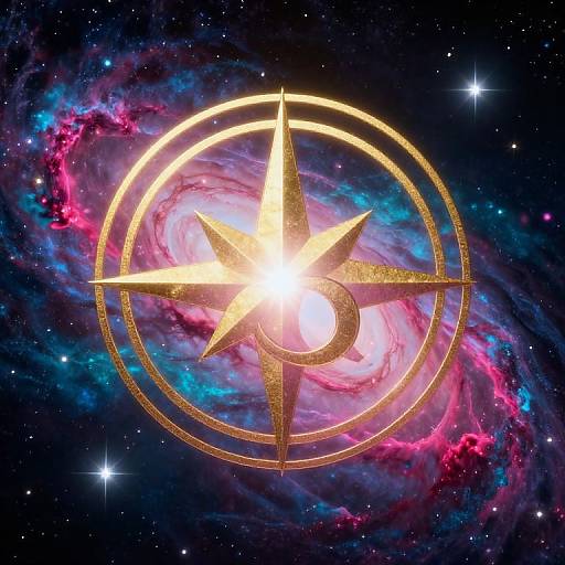 Digital art of a glowing gold compass star within a circle, set against a vibrant, colorful nebula with swirling pink, blue, and purple clouds in