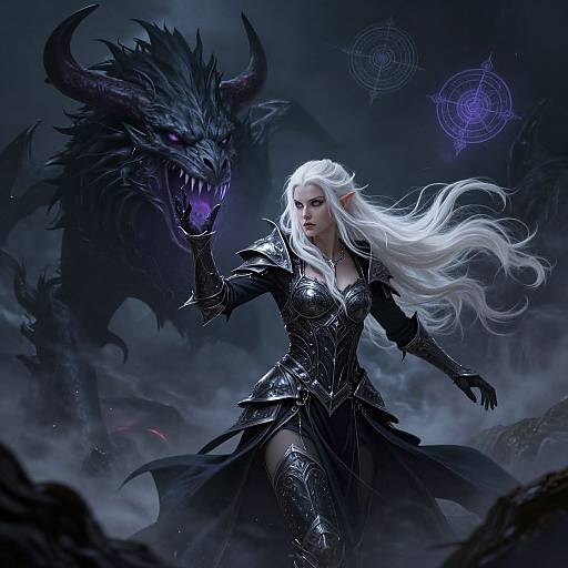 Digital fantasy artwork of an armored white-haired elf woman commanding a fierce, black dragon with glowing purple eyes in a dark, mystical landscape. Magic circles hover
