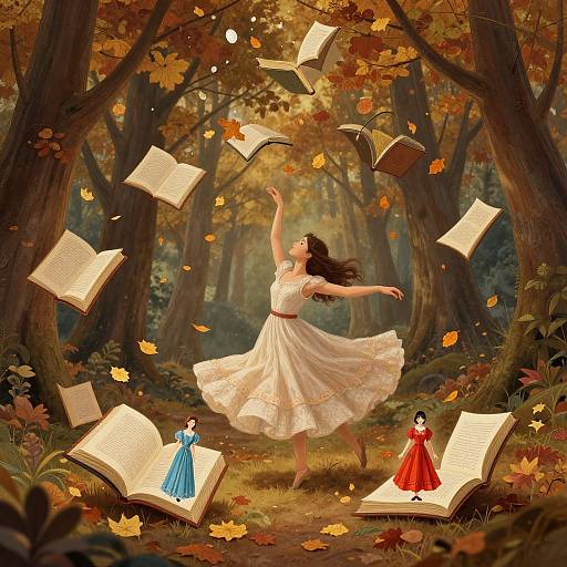 Digital illustration of a dancing woman in a white dress, surrounded by flying open books and autumn leaves in a forest. Two doll-like figures in blue and