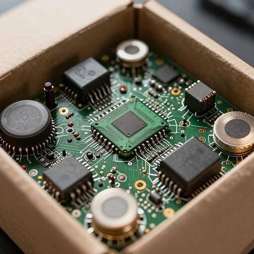 Close-up photograph of a green circuit board with various black and gold electronic components, including capacitors and a central square chip, inside a beige cardboard box