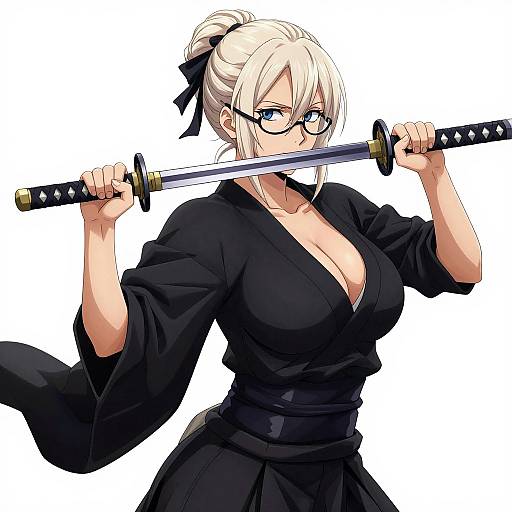 Digital anime-style drawing of a blonde, blue-eyed woman with glasses, wearing a black kimono, holding a katana in front of her mouth,