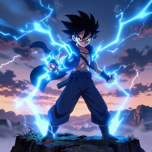 Digital anime artwork of Son Goku, standing on a rock, surrounded by blue lightning, wearing blue pants, open shirt, and determined expression, against a