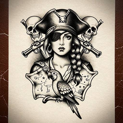 Vintage Female Pirate Tattoo Flash