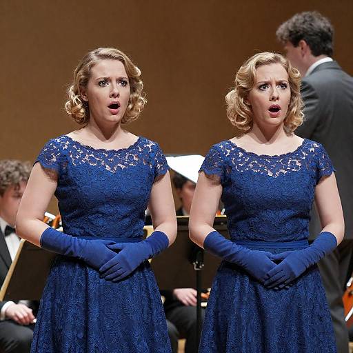 Two Women Singing in Blue Lace Dresses with Orchestra