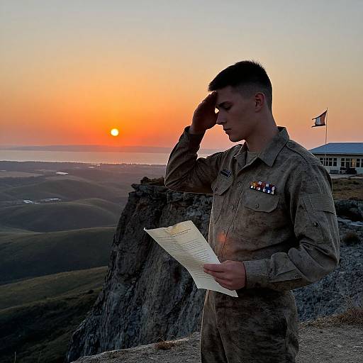 Photograph of a male soldier in tan uniform, holding a map, saluting at sunset on a rocky hilltop, with distant hills and a flag