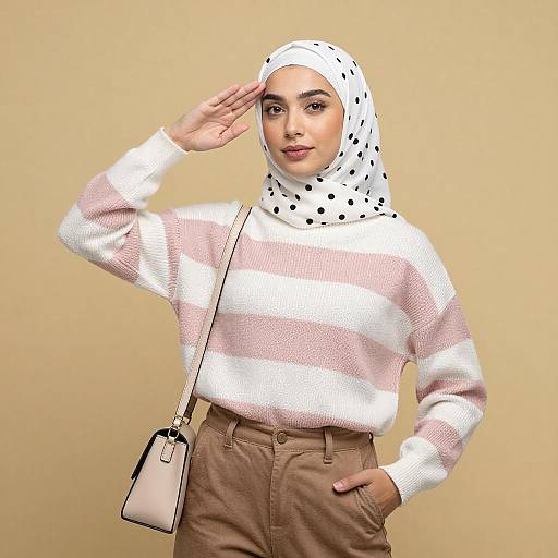 Young Woman Saluting in Polka-Dot Hijab