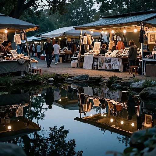 Photograph of a nighttime outdoor market with illuminated stalls reflecting in a calm water pond, surrounded by trees and people browsing.