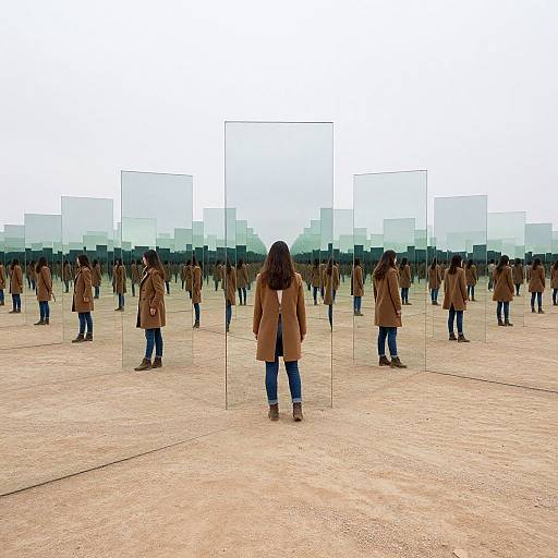 Photograph of a woman in a brown coat, blue jeans, and boots, standing in a vast, mirror-like, empty field with multiple reflections of